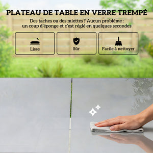 Ensemble de Salle à Manger d'Extérieur 7 Pièces pour 6 Personnes, Table en Verre et Chaises avec Accoudoirs Décoratifs, Mobilier de Jardin en Acier pour Terrasse, Gris