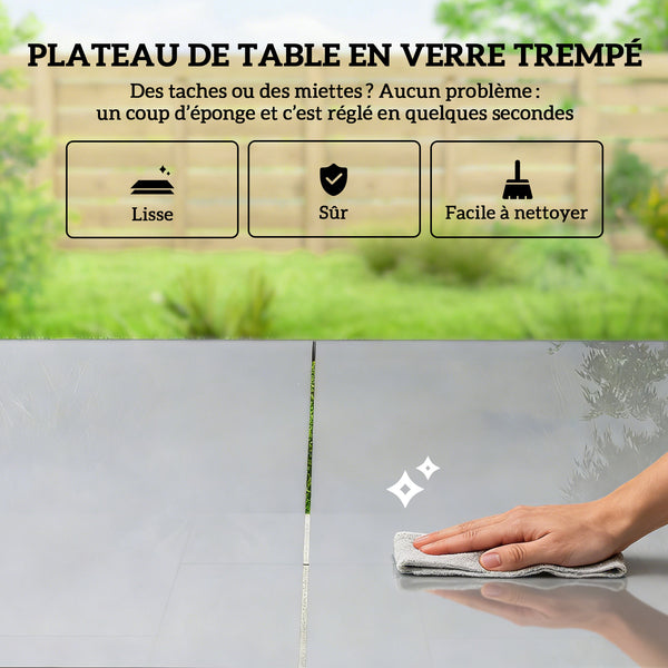 Ensemble de Salle à Manger d'Extérieur 7 Pièces pour 6 Personnes, Table en Verre et Chaises avec Accoudoirs Décoratifs, Mobilier de Jardin en Acier pour Terrasse, Gris