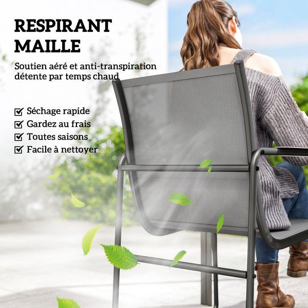 Ensemble de Salle à Manger d'Extérieur 7 Pièces pour 6 Personnes, Table en Verre et Chaises avec Accoudoirs Décoratifs, Mobilier de Jardin en Acier pour Terrasse, Gris