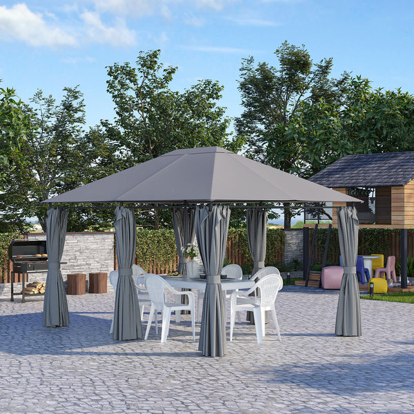 Tonnelle de jardin barnum pavillon style colonial double-toit toiles latérales amovibles 4L x 3l x 2,72H m gris