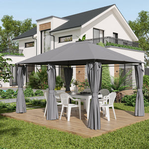 Tonnelle de jardin barnum pavillon style colonial double-toit toiles latérales amovibles 4L x 3l x 2,72H m gris
