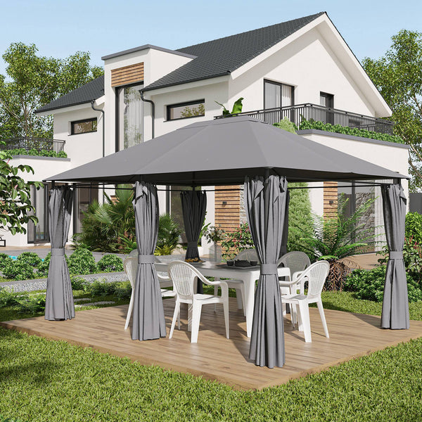 Tonnelle de jardin barnum pavillon style colonial double-toit toiles latérales amovibles 4L x 3l x 2,72H m gris