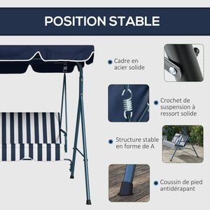 Balancelle de Jardin 3 Places Toit Inclinaison réglable Coussins Assise et Dossier 1,72L x 1,1l x 1,53H m Acier Noir Polyester Bleu