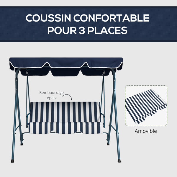Balancelle de Jardin 3 Places Toit Inclinaison réglable Coussins Assise et Dossier 1,72L x 1,1l x 1,53H m Acier Noir Polyester Bleu