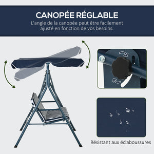 Balancelle de Jardin 3 Places Toit Inclinaison réglable Coussins Assise et Dossier 1,72L x 1,1l x 1,53H m Acier Noir Polyester Bleu