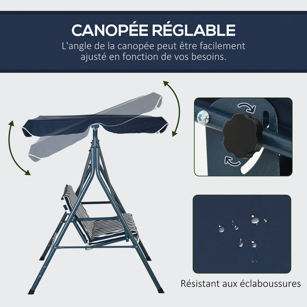 Balancelle de Jardin 3 Places Toit Inclinaison réglable Coussins Assise et Dossier 1,72L x 1,1l x 1,53H m Acier Noir Polyester Bleu