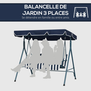 Balancelle de Jardin 3 Places Toit Inclinaison réglable Coussins Assise et Dossier 1,72L x 1,1l x 1,53H m Acier Noir Polyester Bleu