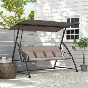 Balancelle de jardin 3 places, balancelle jardin extérieure convertible, toit inclinaison réglable, coussin assise et dossier, 4 oreillers, grand confort, 218 x 120 x 168 cm, marron clair