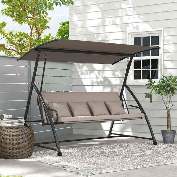 Balancelle de jardin 3 places, balancelle jardin extérieure convertible, toit inclinaison réglable, coussin assise et dossier, 4 oreillers, grand confort, 218 x 120 x 168 cm, marron clair