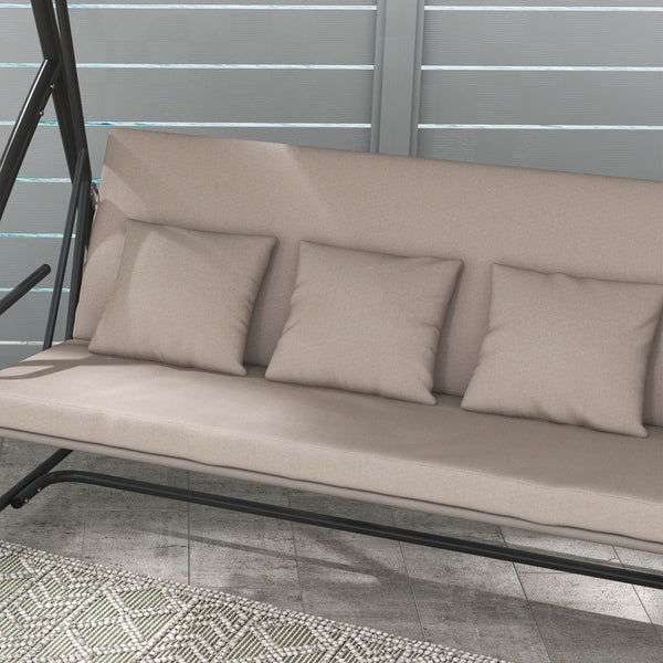 Balancelle de jardin 3 places, balancelle jardin extérieure convertible, toit inclinaison réglable, coussin assise et dossier, 4 oreillers, grand confort, 218 x 120 x 168 cm, marron clair