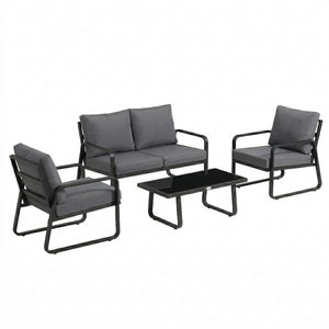 Salon de Jardin 4 Pièces avec Coussins Déhoussables Très Épais 16cm - Canapé et Fauteuils de Terrasse en Métal Robuste - Salon Bas de Jardin, Table Basse en Verre Trempé, Noir