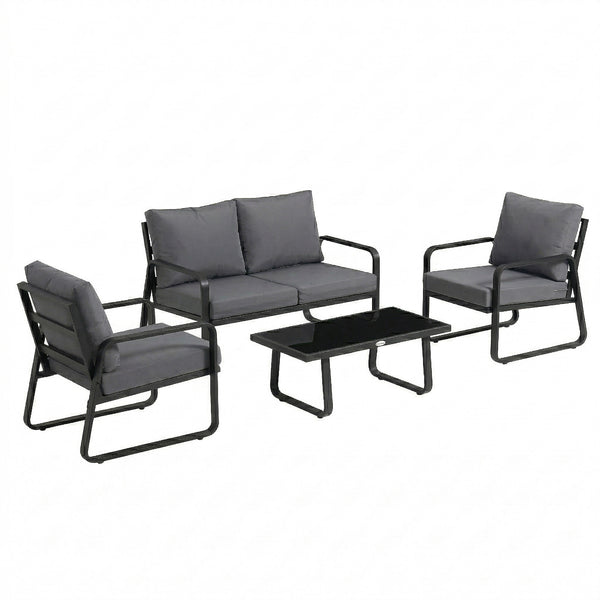 Salon de Jardin 4 Pièces avec Coussins Déhoussables Très Épais 16cm - Canapé et Fauteuils de Terrasse en Métal Robuste - Salon Bas de Jardin, Table Basse en Verre Trempé, Noir