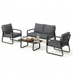Salon de Jardin 4 Pièces avec Coussins Déhoussables Très Épais 16cm - Canapé et Fauteuils de Terrasse en Métal Robuste - Salon Bas de Jardin, Table Basse en Verre Trempé, Noir