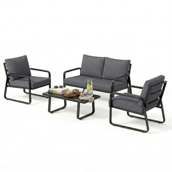Salon de Jardin 4 Pièces avec Coussins Déhoussables Très Épais 16cm - Canapé et Fauteuils de Terrasse en Métal Robuste - Salon Bas de Jardin, Table Basse en Verre Trempé, Noir