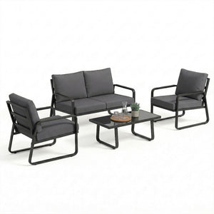 Salon de Jardin 4 Pièces avec Coussins Déhoussables Très Épais 16cm - Canapé et Fauteuils de Terrasse en Métal Robuste - Salon Bas de Jardin, Table Basse en Verre Trempé, Noir