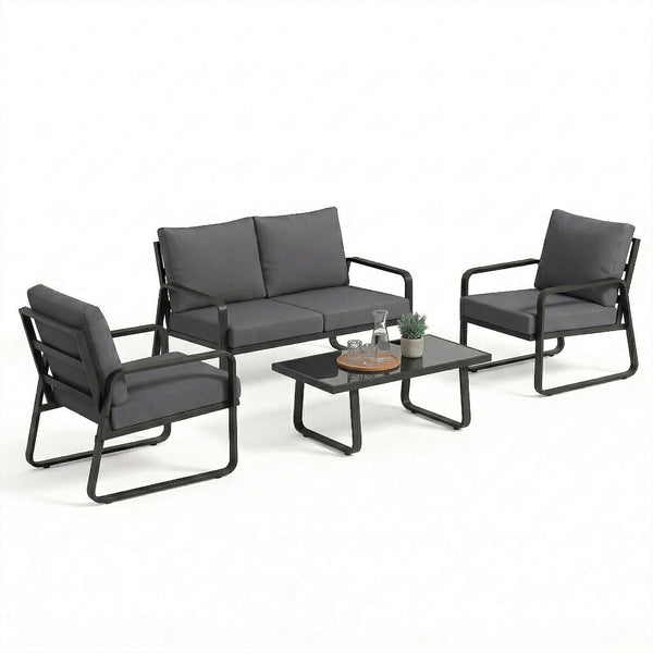 Salon de Jardin 4 Pièces avec Coussins Déhoussables Très Épais 16cm - Canapé et Fauteuils de Terrasse en Métal Robuste - Salon Bas de Jardin, Table Basse en Verre Trempé, Noir