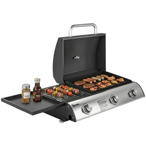 Barbecue à Gaz de Table 3 Brûleurs - Combiné Gril et Plancha avec Couvercle et Thermomètre - 8,1 kW Portable pour Camping Balcon Terrasse - Surface de Cuisson 2224 cm², Noir