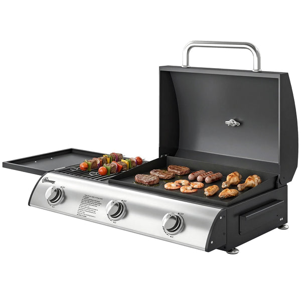 Barbecue à Gaz de Table 3 Brûleurs - Combiné Gril et Plancha avec Couvercle et Thermomètre - 8,1 kW Portable pour Camping Balcon Terrasse - Surface de Cuisson 2224 cm², Noir