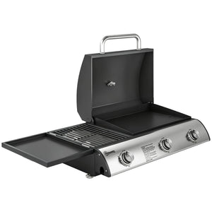 Barbecue à Gaz de Table 3 Brûleurs - Combiné Gril et Plancha avec Couvercle et Thermomètre - 8,1 kW Portable pour Camping Balcon Terrasse - Surface de Cuisson 2224 cm², Noir