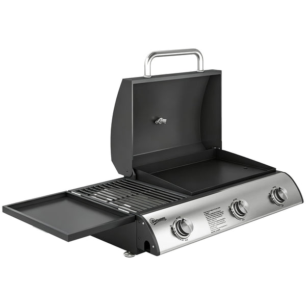 Barbecue à Gaz de Table 3 Brûleurs - Combiné Gril et Plancha avec Couvercle et Thermomètre - 8,1 kW Portable pour Camping Balcon Terrasse - Surface de Cuisson 2224 cm², Noir