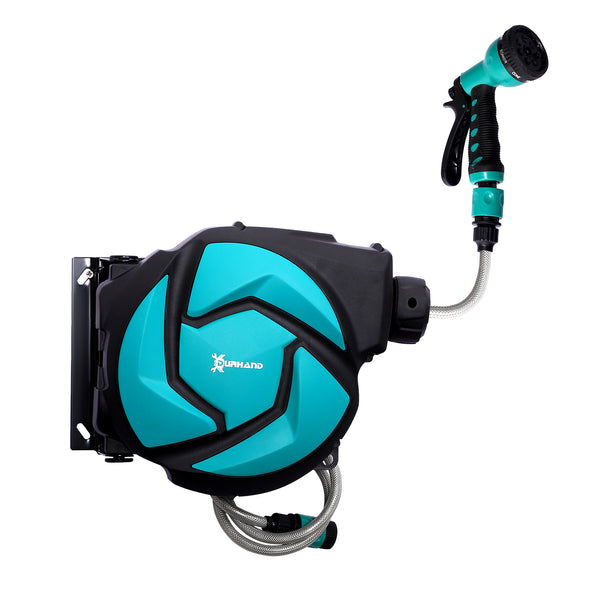 Dévidoir Mural Enrouleur Automatique pivotant 180° Tuyau 10 + 1 m avec Lance arrosage Support Mural intégré Turquoise Noir