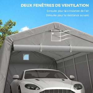 Tente garage carport dim. 6,2L x 3,3l x 2,4H m acier galvanisé robuste PE haute densité 150 g/m² imperméable anti-UV, 1 porte gris clair et 2 aérations