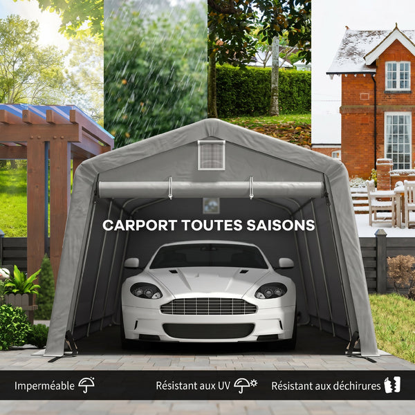 Tente garage carport dim. 6,2L x 3,3l x 2,4H m acier galvanisé robuste PE haute densité 150 g/m² imperméable anti-UV, 1 porte gris clair et 2 aérations