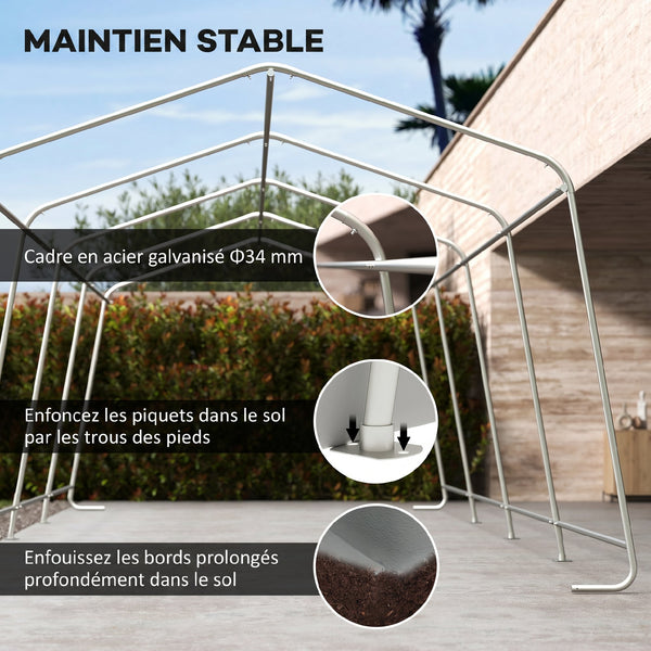 Tente garage carport dim. 6,2L x 3,3l x 2,4H m acier galvanisé robuste PE haute densité 150 g/m² imperméable anti-UV, 1 porte gris clair et 2 aérations