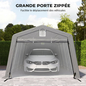 Tente garage carport dim. 6,2L x 3,3l x 2,4H m acier galvanisé robuste PE haute densité 150 g/m² imperméable anti-UV, 1 porte gris clair et 2 aérations