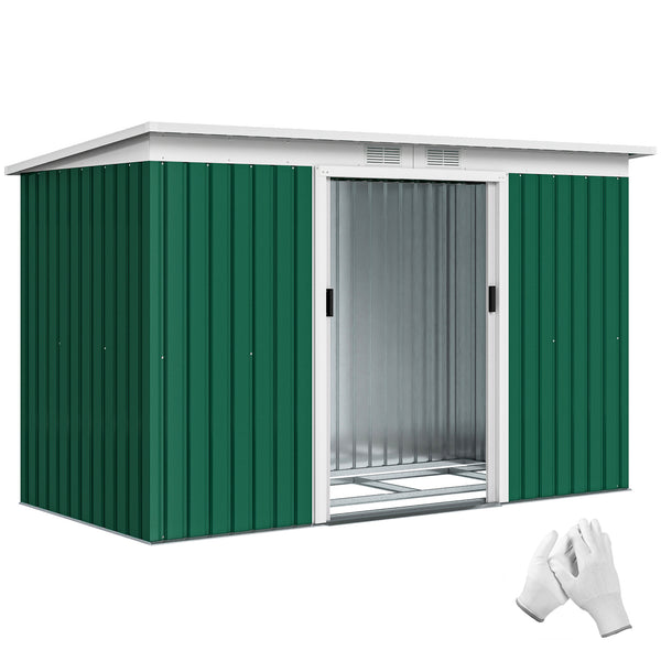 Abri de jardin en acier galvanisé XXL 3,6 m² avec kit de fondation 280 x 130 x 172 cm, cabane de jardin cabanon rangement outils avec portes coulissantes verrouillables aérations, vert foncé