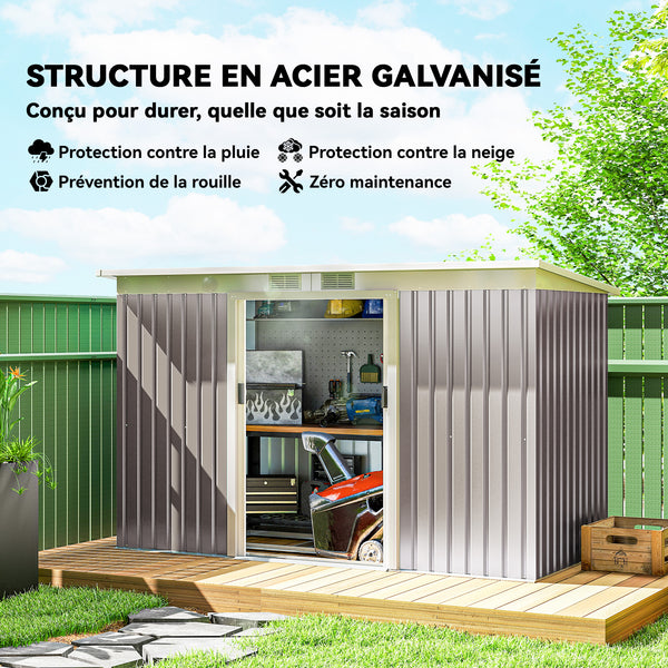 Abri de jardin en acier galvanisé XXL 3,6 m² avec kit de fondation 280 x 130 x 172 cm, cabane de jardin cabanon rangement outils avec portes coulissantes verrouillables aérations, gris clair