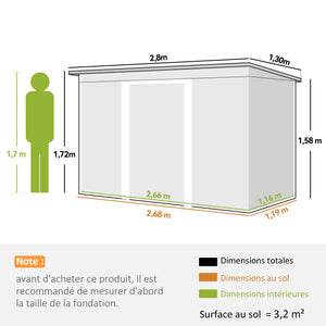 Abri de jardin en acier galvanisé XXL 3,6 m² avec kit de fondation 280 x 130 x 172 cm, cabane de jardin cabanon rangement outils avec portes coulissantes verrouillables aérations, gris clair