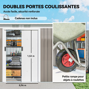 Abri de jardin en acier galvanisé XXL 3,6 m² avec kit de fondation 280 x 130 x 172 cm, cabane de jardin cabanon rangement outils avec portes coulissantes verrouillables aérations, gris clair
