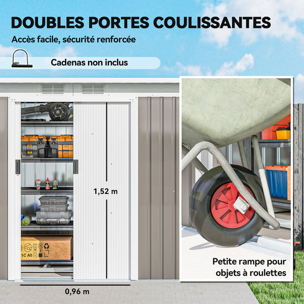 Abri de jardin en acier galvanisé XXL 3,6 m² avec kit de fondation 280 x 130 x 172 cm, cabane de jardin cabanon rangement outils avec portes coulissantes verrouillables aérations, gris clair