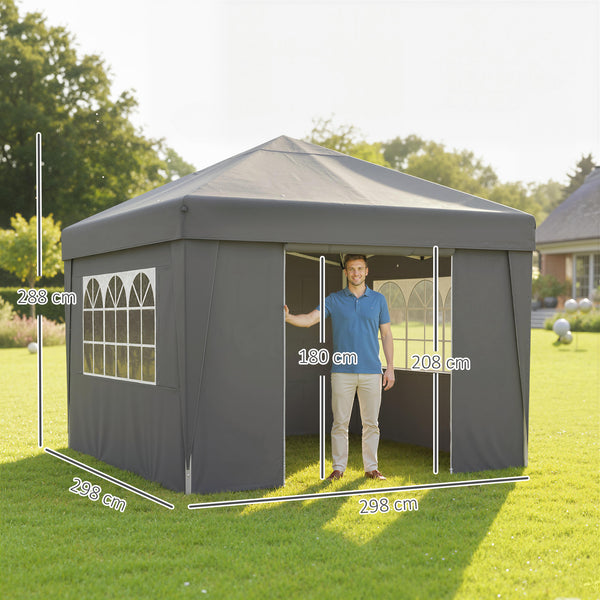 Tonnelle de jardin pop-up pliante tonnelle barnum tente de réception 3 x 3 m anti-UV 30 + avec fenêtres parois latérales sac de transport sacs de sable gris foncé
