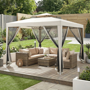Tonnelle barnum de jardin 3L x 3l m avec 4 moustiquaires amovibles - double toit - crème