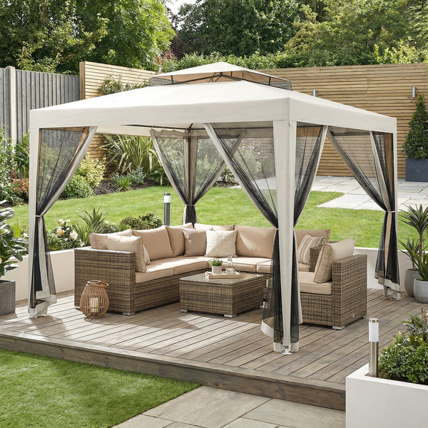 Tonnelle barnum de jardin 3L x 3l m avec 4 moustiquaires amovibles - double toit - crème