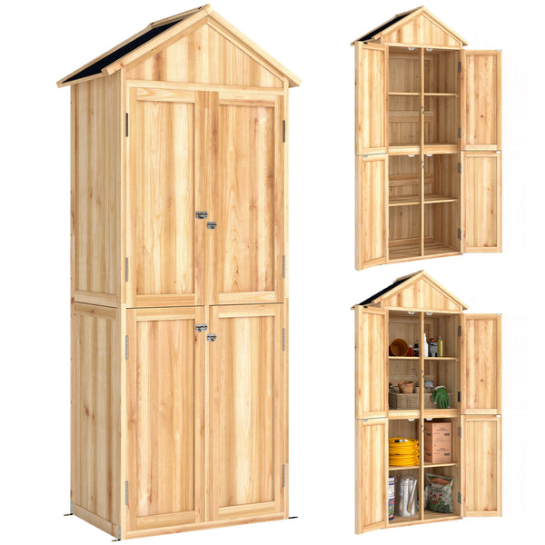 Armoire de Jardin en Bois, Abri à Outils 190cm et 4 Portes - Rangement Extérieur Toit en Pointe en Asphalte - Cabane de Jardin avec Étagères Amovibles pour Terrasse Balcon, Bois Naturel