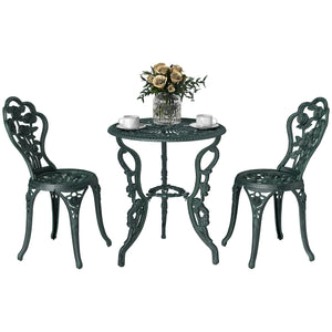 Ensemble Salon de Jardin 2 Places 2 chaises + Table Ronde Style néo-rétro Motif Rose Lignes fuselées Fonte d'aluminium Vert Vieilli