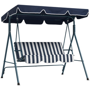 Balancelle de Jardin 3 Places Toit Inclinaison réglable Coussins Assise et Dossier 1,72L x 1,1l x 1,53H m Acier Noir Polyester Bleu
