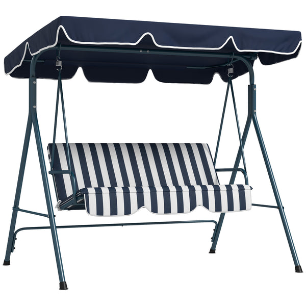 Balancelle de Jardin 3 Places Toit Inclinaison réglable Coussins Assise et Dossier 1,72L x 1,1l x 1,53H m Acier Noir Polyester Bleu