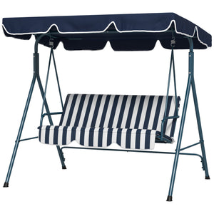 Balancelle de Jardin 3 Places Toit Inclinaison réglable Coussins Assise et Dossier 1,72L x 1,1l x 1,53H m Acier Noir Polyester Bleu