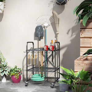 Organisateur d'outils de jardin avec 9 crochets, support à outils de jardin 40 compartiments, porte-outils de garage en métal sur roulettes pour sécateurs, pelles, râteaux, noir