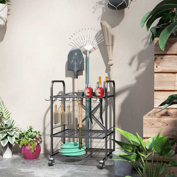 Organisateur d'outils de jardin avec 9 crochets, support à outils de jardin 40 compartiments, porte-outils de garage en métal sur roulettes pour sécateurs, pelles, râteaux, noir