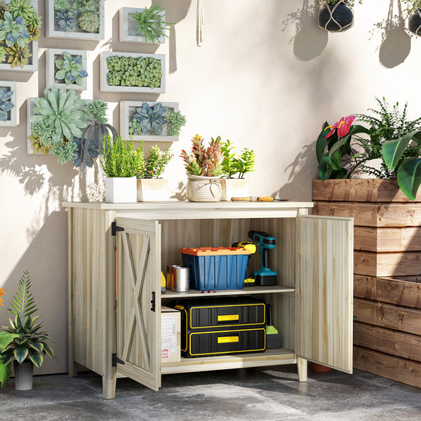 Armoire de Jardin en Bois, Placard de Jardin en Bois avec Étagères et Double Portes, Armoire à Outils, 110 x 60 x 88,5 cm, Bois Naturel