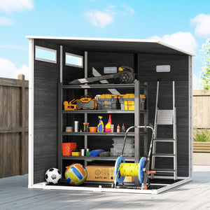 Abri de jardin  6 x 6 pieds avec plancher, effet bois, porte verrouillable et fenêtres pour jardin, patio, garage, pelouse, gris vieilli