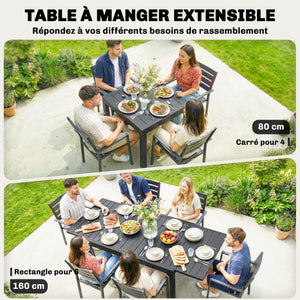Table de jardin extensible pour 4 à 6 personnes, 160/80 x 80 x 75 cm, table à manger extérieure en aluminium avec plateau à lattes, pieds en acier, pour terrasse, balcon, patio, noir