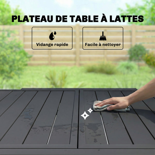 Table de jardin extensible pour 4 à 6 personnes, 160/80 x 80 x 75 cm, table à manger extérieure en aluminium avec plateau à lattes, pieds en acier, pour terrasse, balcon, patio, noir