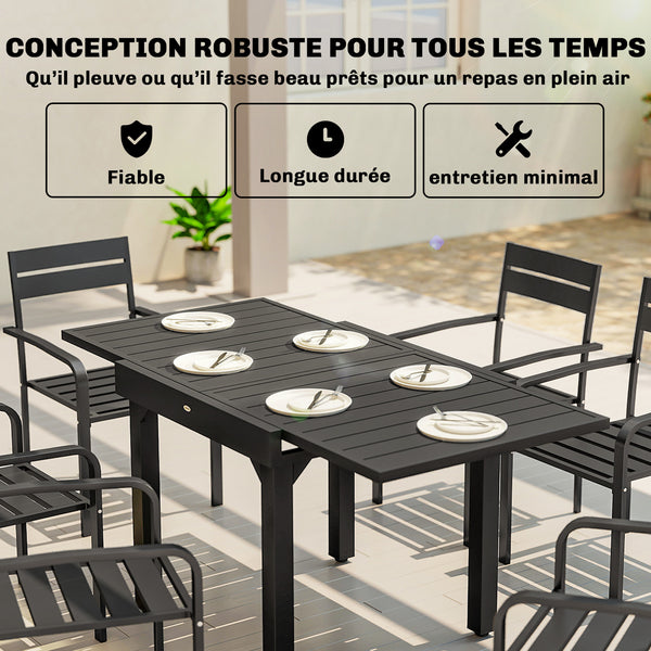 Table de jardin extensible pour 4 à 6 personnes, 160/80 x 80 x 75 cm, table à manger extérieure en aluminium avec plateau à lattes, pieds en acier, pour terrasse, balcon, patio, noir