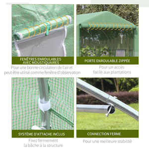Serre Tunnel de Jardin Grande 3.5 x 3 x 2 m - 6 fenêtres et Porte zippée Enroulable - Acier galvanisé PE Haute densité Vert